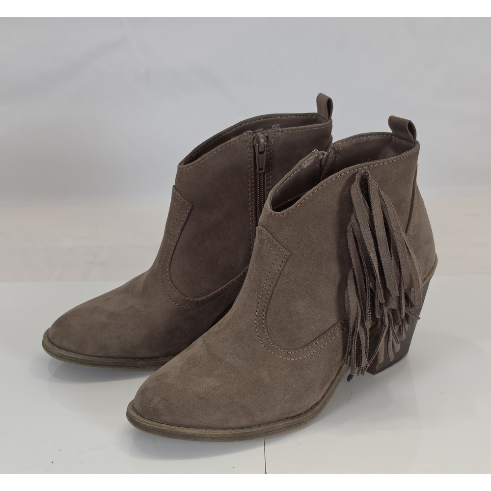 Faded Glory Womens 10 Ankle Boots Brown Faux Suede Fringe Side Zip Western Boho